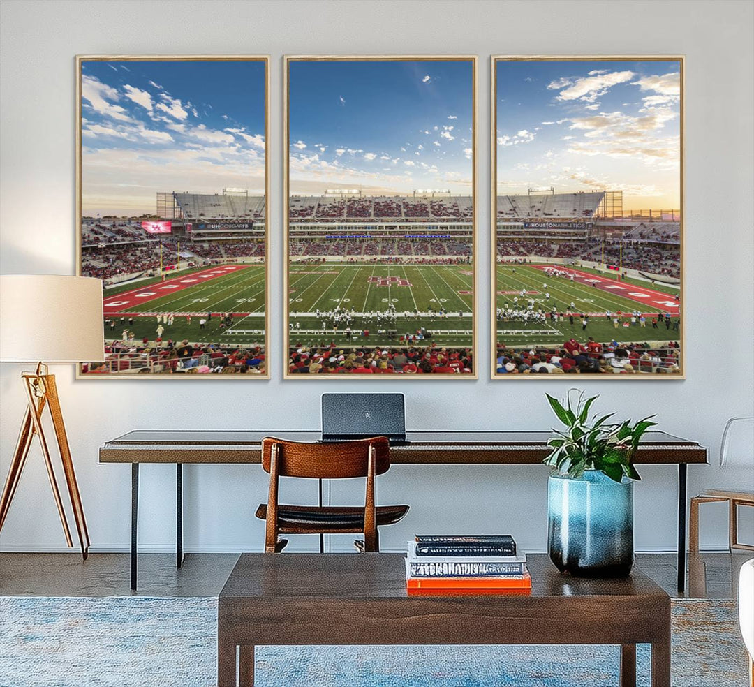 A Houston Cougars print of TDECU Stadium with a game crowd beautifully enhances the living room decor.