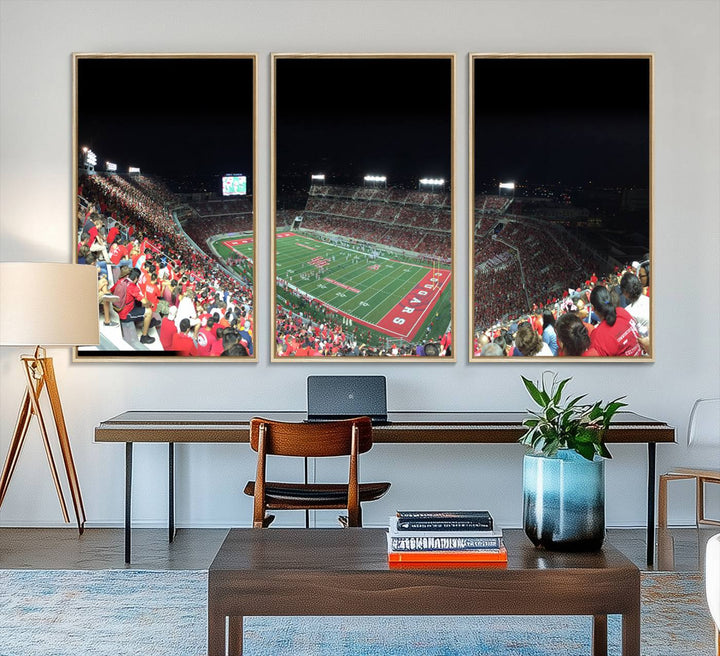 The wall art canvas print features a scene from a packed TDECU Stadium at night, highlighting the field and scoreboard.