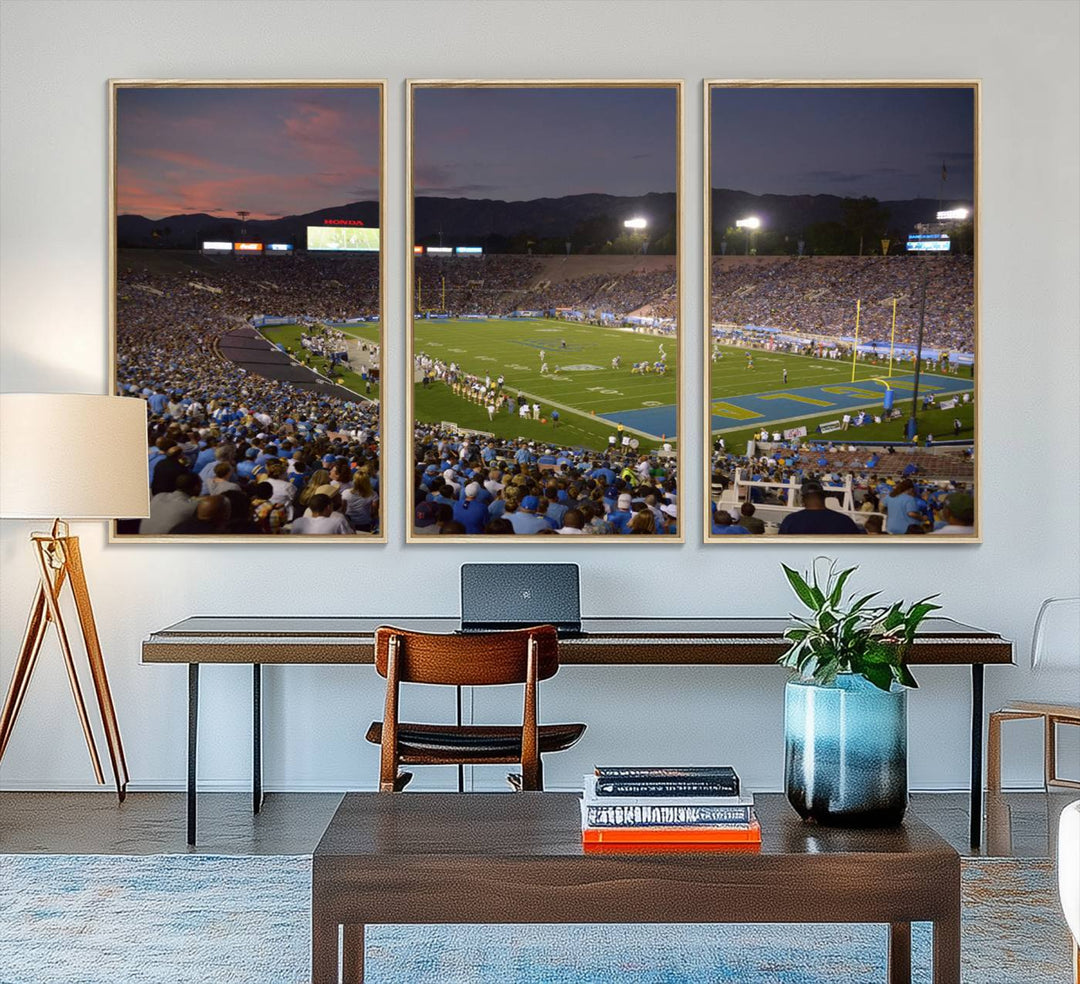 Admire the stunning wall art canvas depicting a UCLA Bruins game with a sunset over the Pasadena Rose Bowl Stadium.