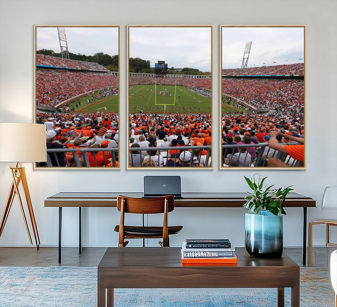 The Virginia Cavaliers Wall Art Canvas Print features a thrilling game at Scott Stadium surrounded by greenery.