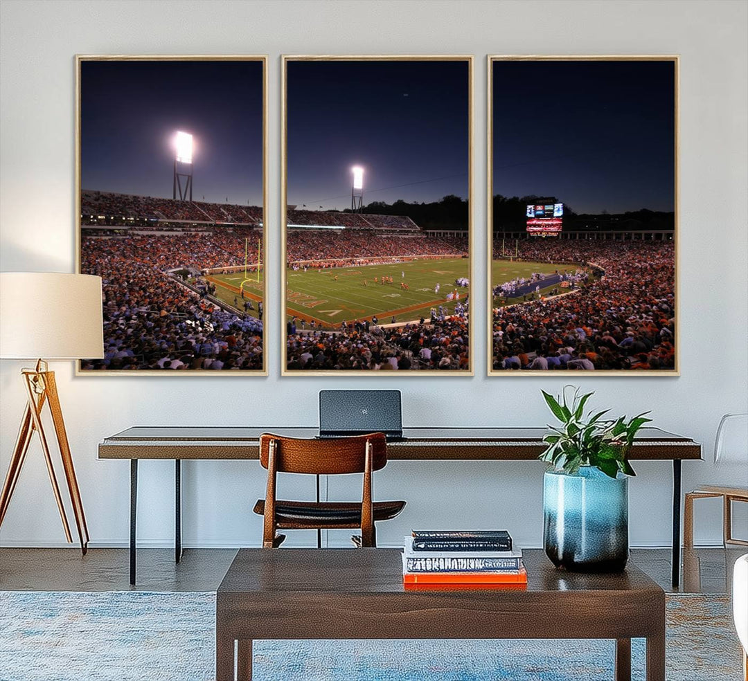 A nighttime game at Scott Stadium, floodlit—a scene from the Virginia Cavaliers Football art print.