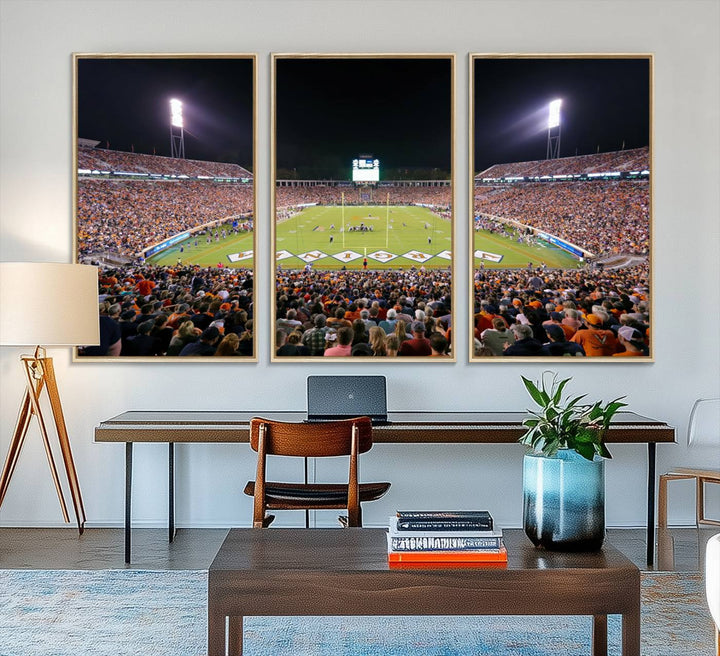 A Virginia Cavaliers Wall Art Canvas Print captures Scott Stadium filled with fans under the night sky.