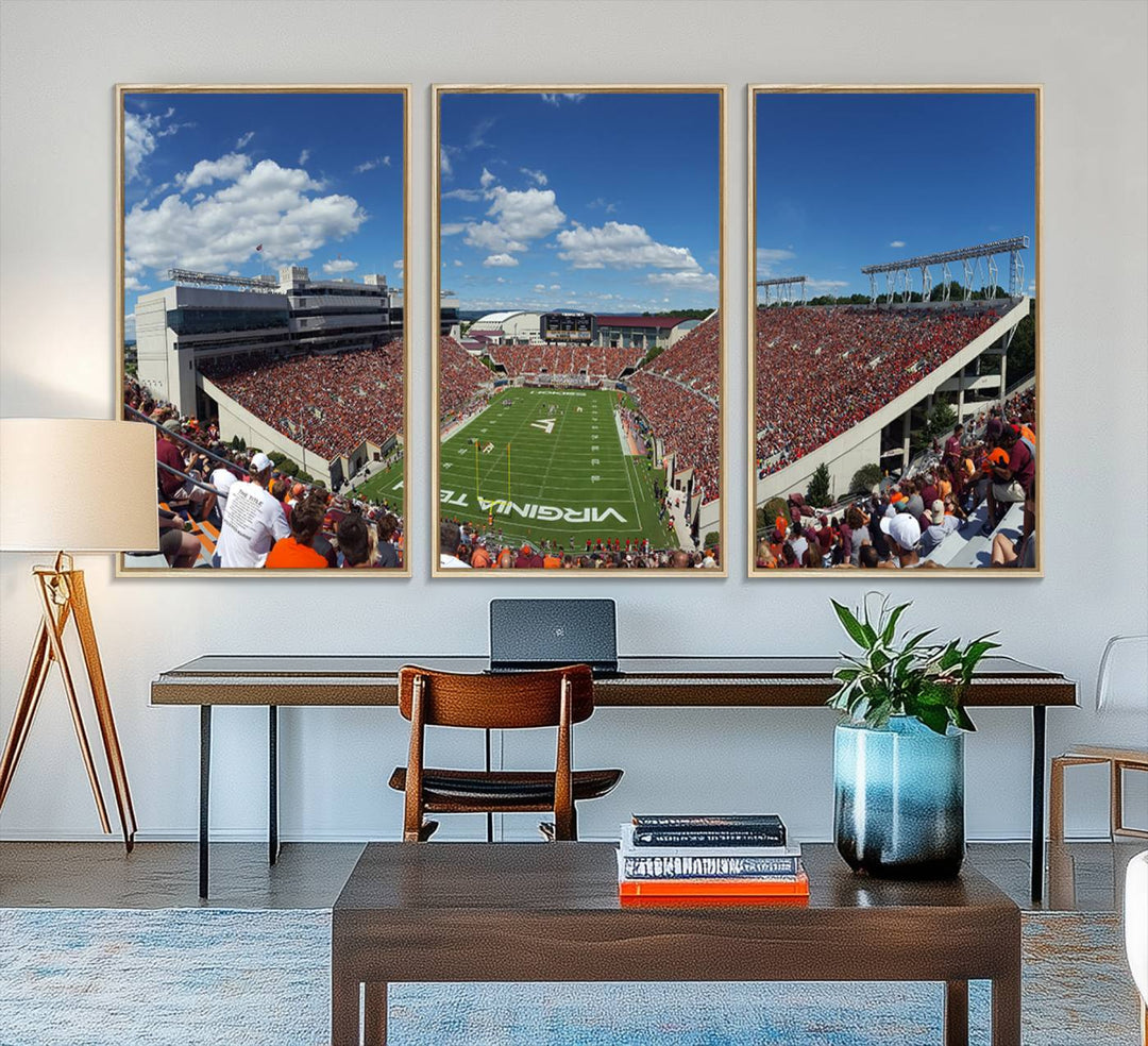 This Lane Stadium print captures Virginia Tech on the field along with the vibrant crowd, making it the perfect wall art for Hokies fans.