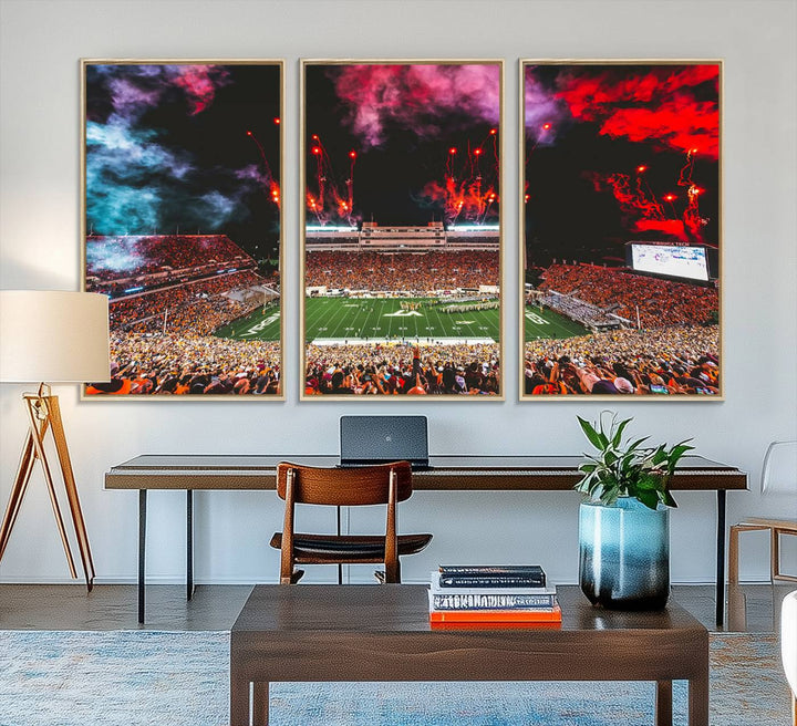 A Hokies football canvas print displays Lane Stadium at night with fireworks.