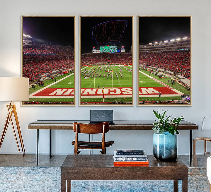 A premium canvas print captures a vibrant scene of Camp Randall Stadium featuring a lively football game with cheering fans and the energetic movements of the band.