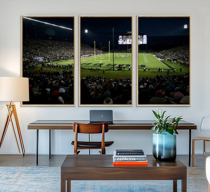 A Purdue Boilermakers canvas print beautifully showcases Ross–Ade Stadium in West Lafayette, vibrant with fans and a large screen display.