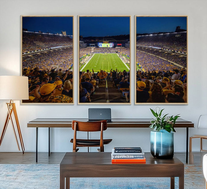 A Pittsburgh Panthers Acrisure Stadium canvas print captures the thrill of a packed stadium under lights and fans cheering.