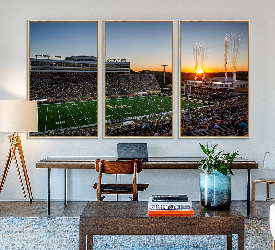 Canvas wall art print depicting the Demon Deacons football stadium at sunset with fireworks.