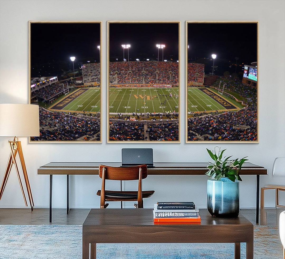 The Demon Deacons stadium print captures a brightly lit, bustling scene on museum-quality canvas.