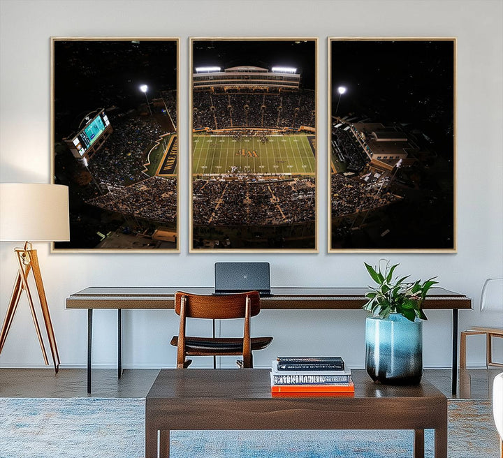 Canvas wall art displays an aerial view of Wake Forest Demon Deacons stadium at night.