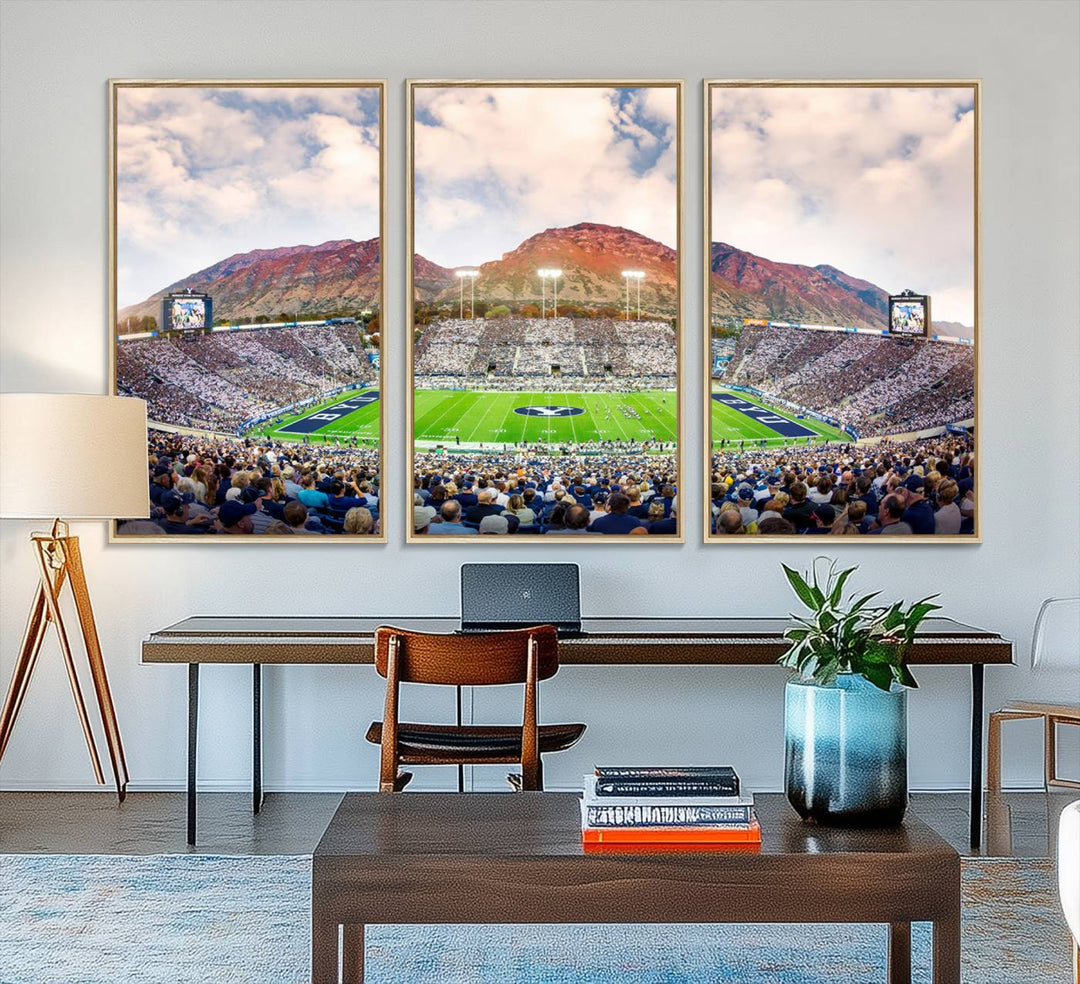 A museum-quality canvas featuring BYU Cougars Football at LaVell Edwards Stadium with a stunning mountain view.