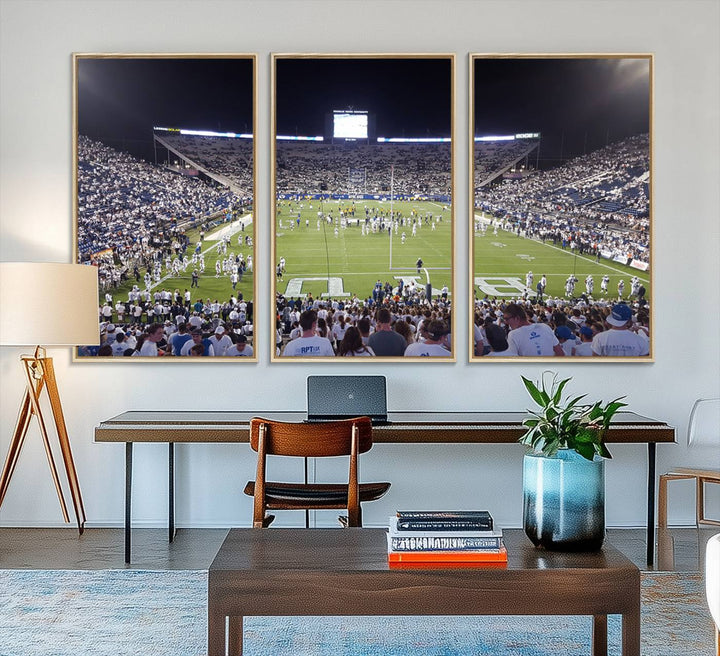 The wall art is a premium canvas of LaVell Edwards Stadium, offering a gallery-quality finish that showcases BYU Cougars pride.