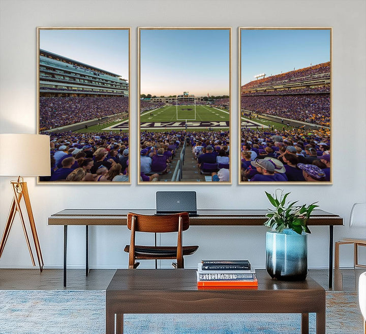 Sunset view of fans in purple at Bill Snyder Family Stadium, captured in a stunning gallery wall art canvas, perfect for a modern living room or office.