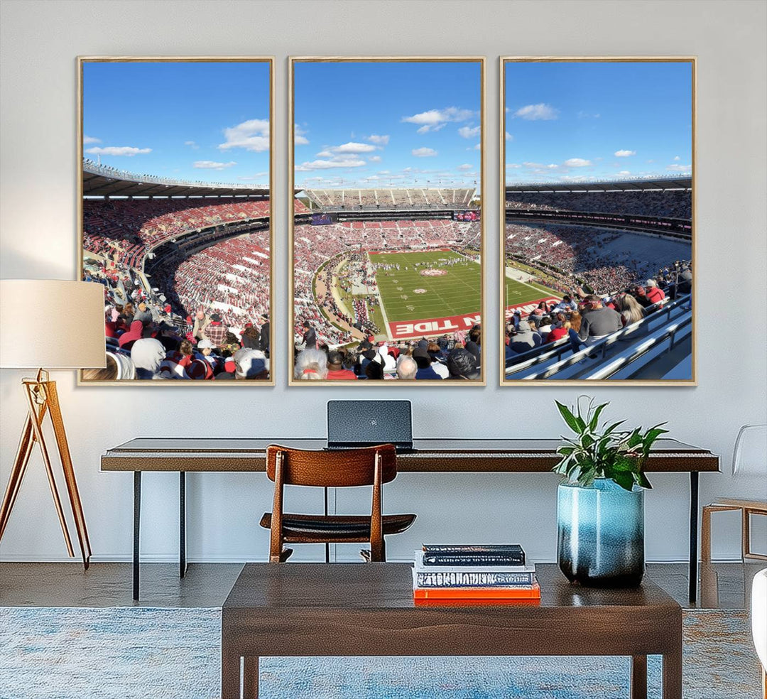 Canvas print of Alabama Crimson Tides Bryant-Denny Stadium, showcasing a sunlit field under a blue sky.