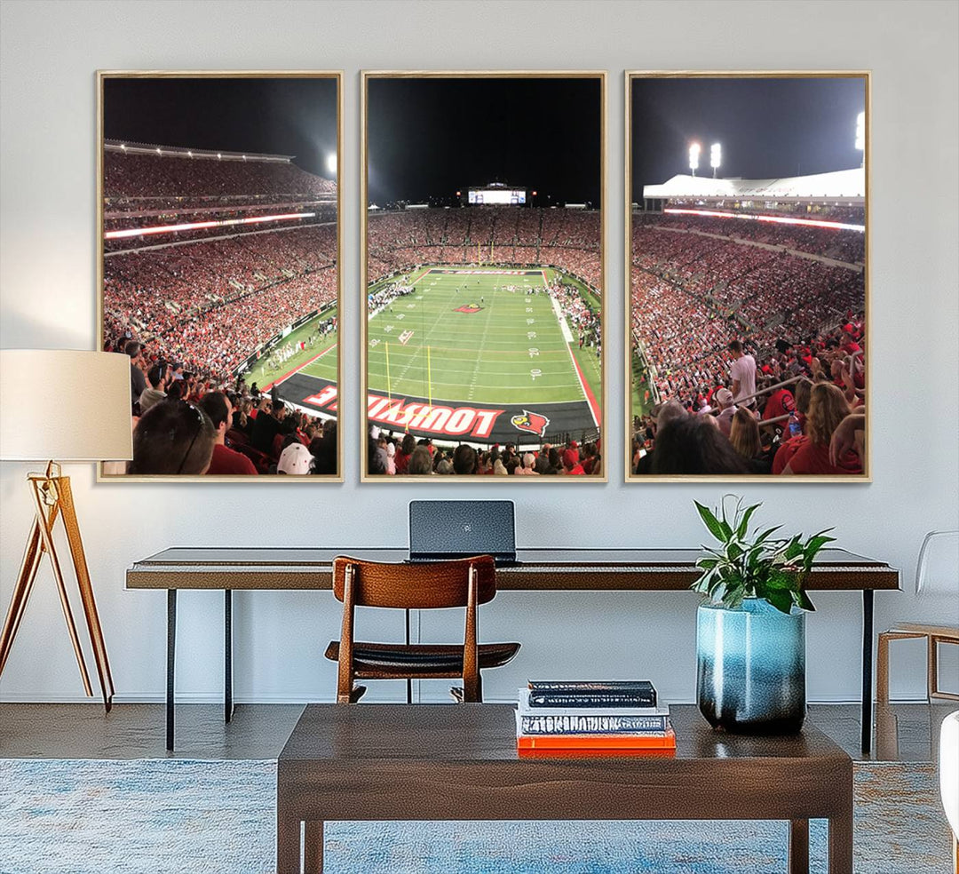 Panoramic view of a crowded football stadium with Louisville in the end zone, crafted as University of Louisville wall art.