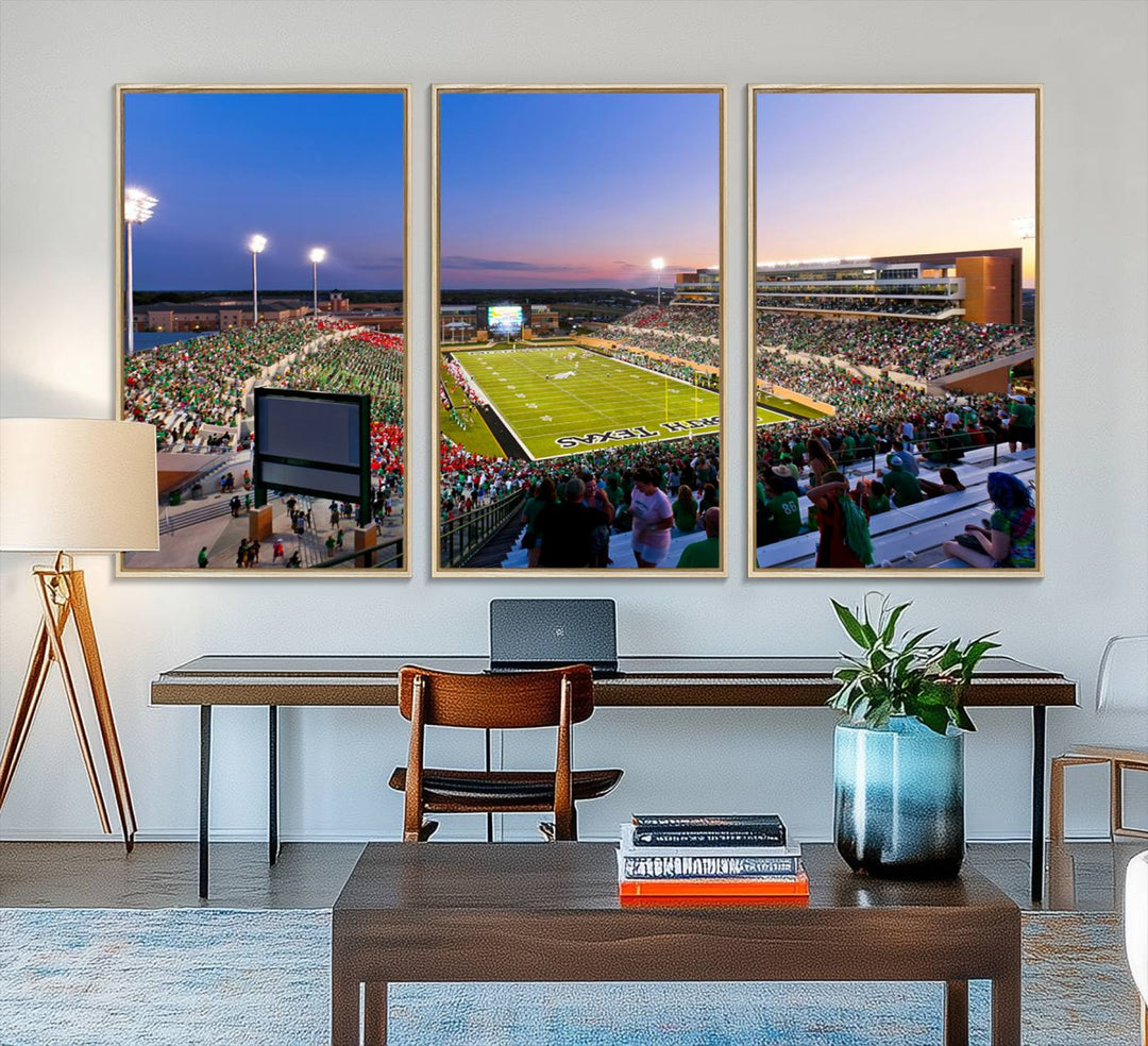 The canvas features Denton DATCU Stadium, OZEKI FIELD, illuminated under the lights and vibrant with fans supporting the University of North Texas.