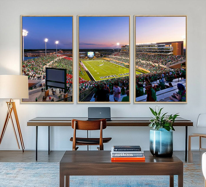 Aerial view of University of North Texas DATCU Stadium at sunset on canvas, showcasing a colorful sky.