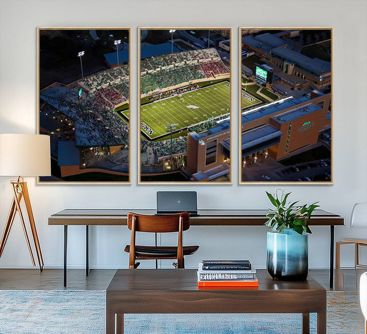 Night aerial view of fans at UNT Mean Green game captured on premium DATCU Stadium canvas wall art print.