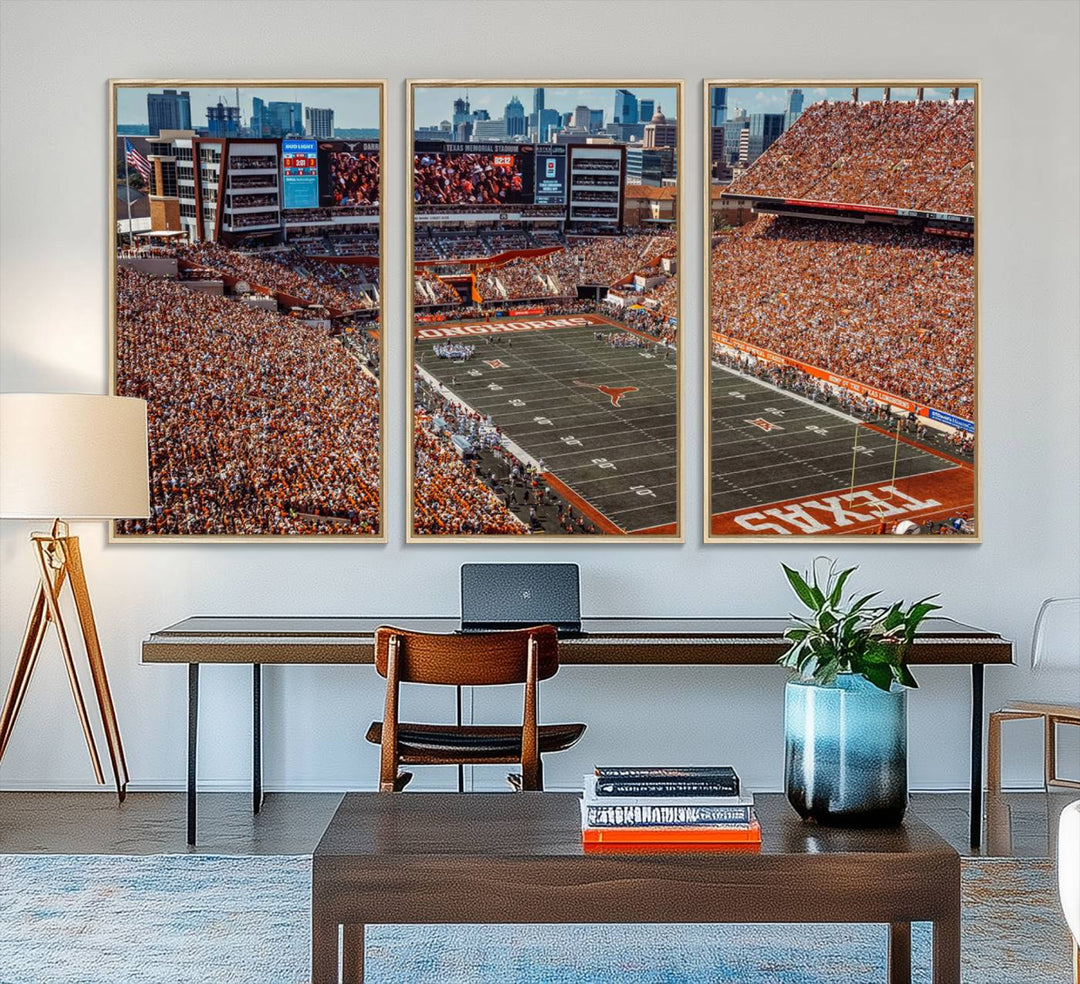 A premium canvas wall art featuring the University of Texas Longhorns stadium, showcasing a vibrant sea of orange.