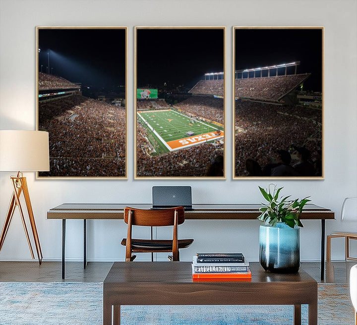 A football game at a packed stadium is captured on the University of Texas Longhorns Stadium Canvas Print.