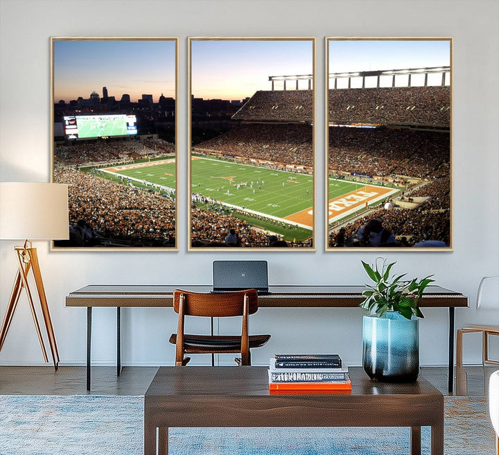 The Evening Game canvas art captures a glowing sunset and skyline at Texas Longhorns Darrell K Royal Stadium.
