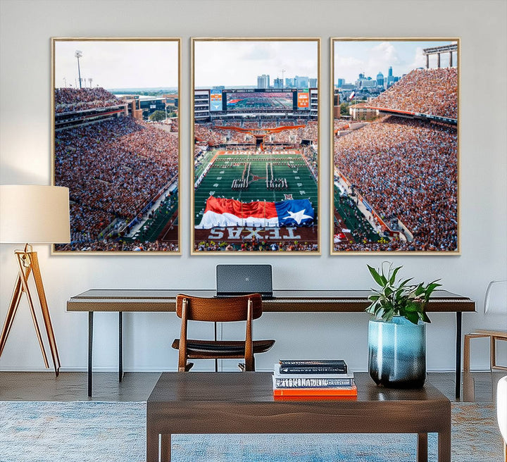 University of Texas Longhorns canvas: A premium print depicting Darrell K Royal-Texas Memorial Stadium with the city skyline and Texas flag.
