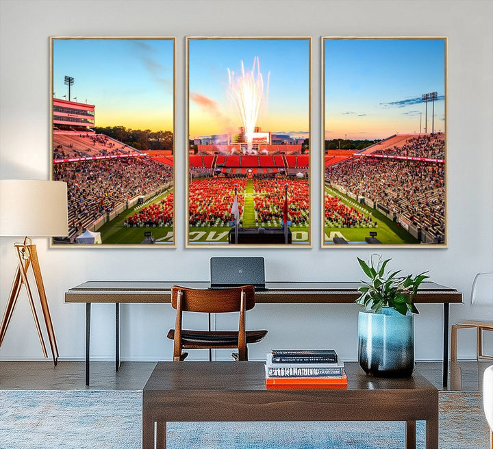 A vibrant North Carolina State University Wolfpack print, capturing a people-filled stadium, fireworks, and a sunset—perfect for your living room wall.