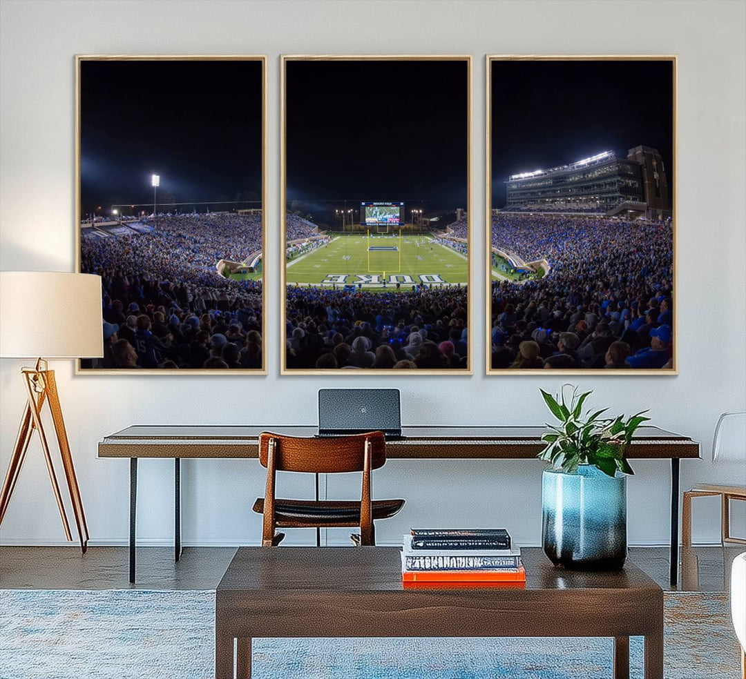 Under bright lights at night, the Duke Blue Devils Football Team Durham canvas wall art print is prominently displayed.