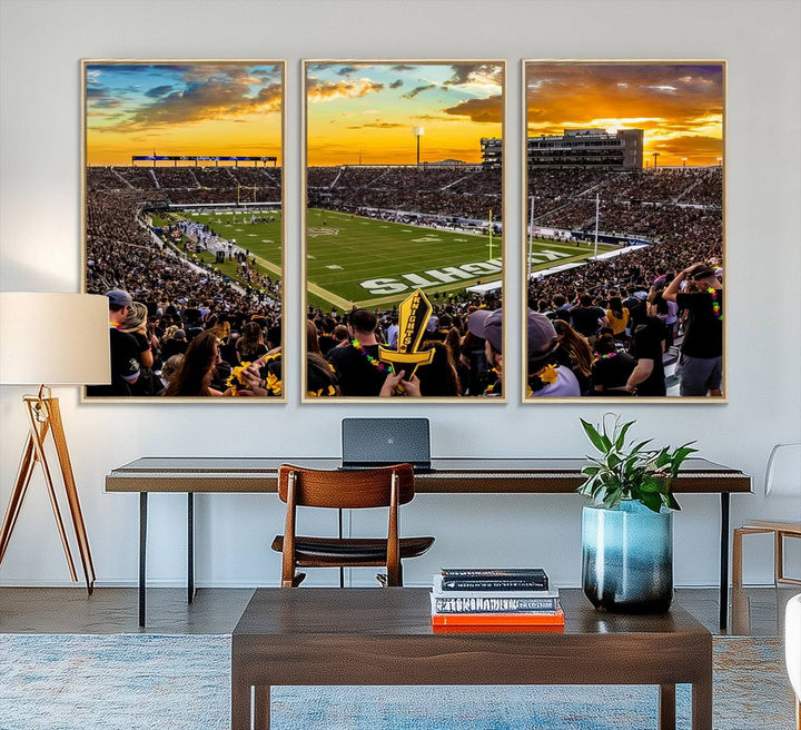 A sunset football game at UCFs Stadium—ideal as a premium wall art canvas print for your home.