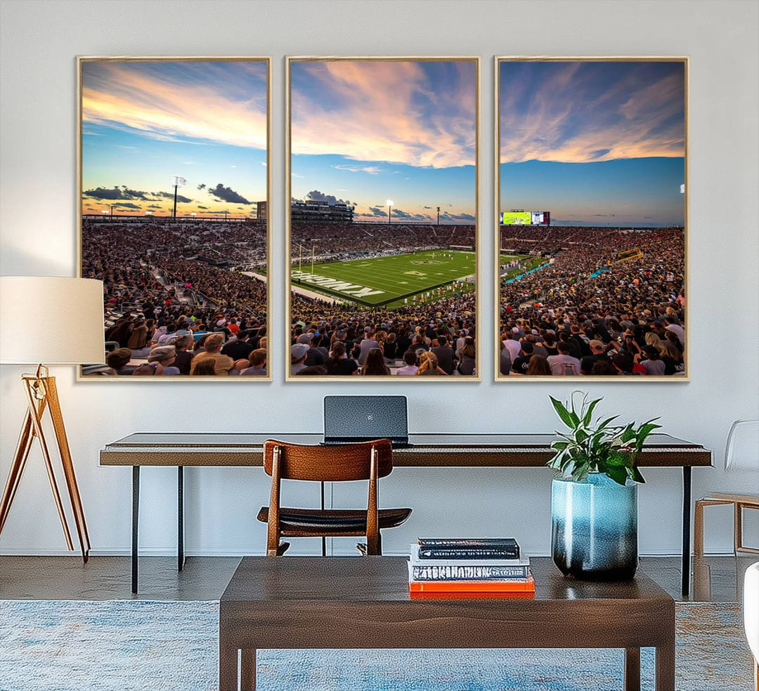 A vibrant wall art canvas captures a sunset scene at Orlandos FBC Mortgage Stadium, featuring the UCF Knights.