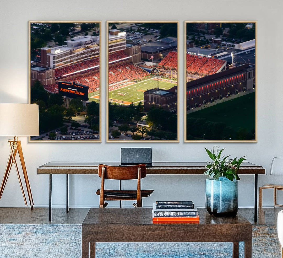 Aerial view of the University of Illinois Memorial Stadium on premium canvas, capturing buildings and greenery at dusk.