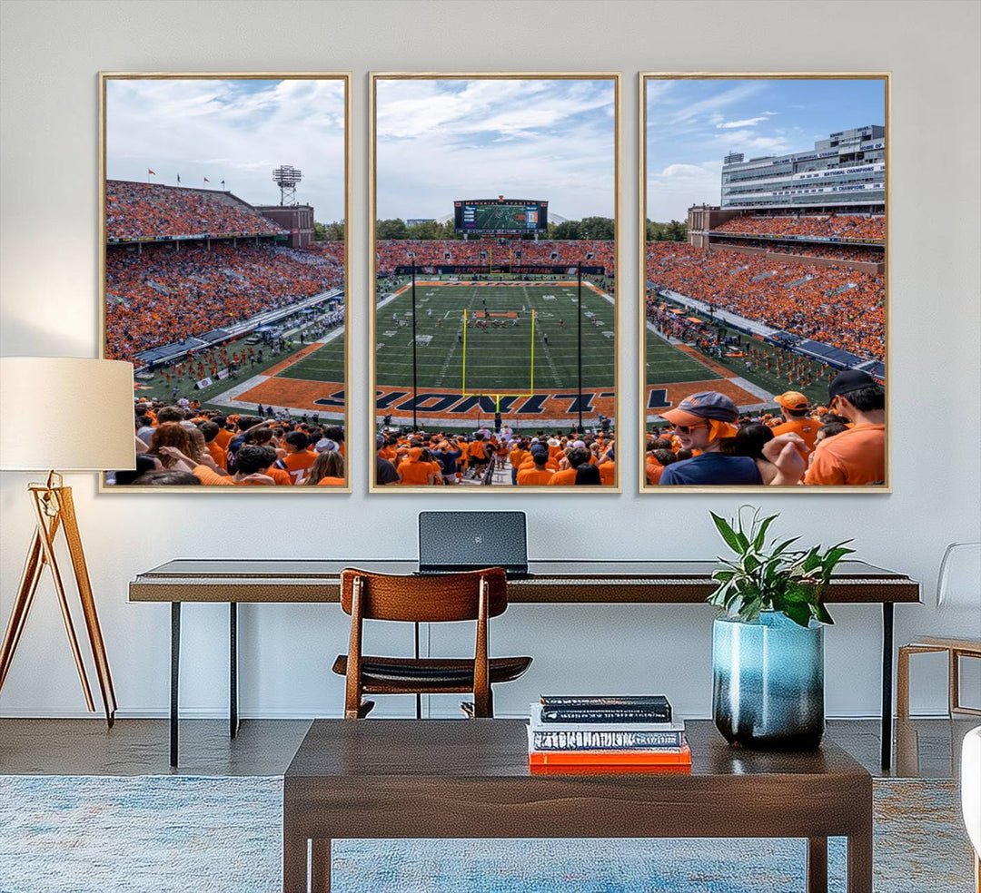 The Illinois stadium packed with orange-clad fans makes for a premium University of Illinois canvas wall art.