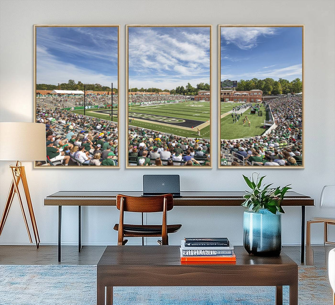 The University of Charlotte 49ers stadium print adds flair to a modern living room wall with its vibrant scene and clear sky.