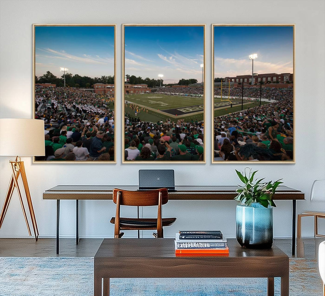 Wall art: University of Charlotte 49ers Football Team at Jerry Richardson Stadium.