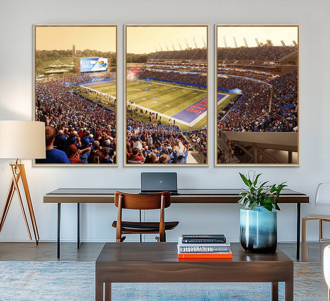 A premium University of Kansas Jayhawks Football Team canvas print captures the essence of a sunset football game, filling the stadium with vibrant energy.