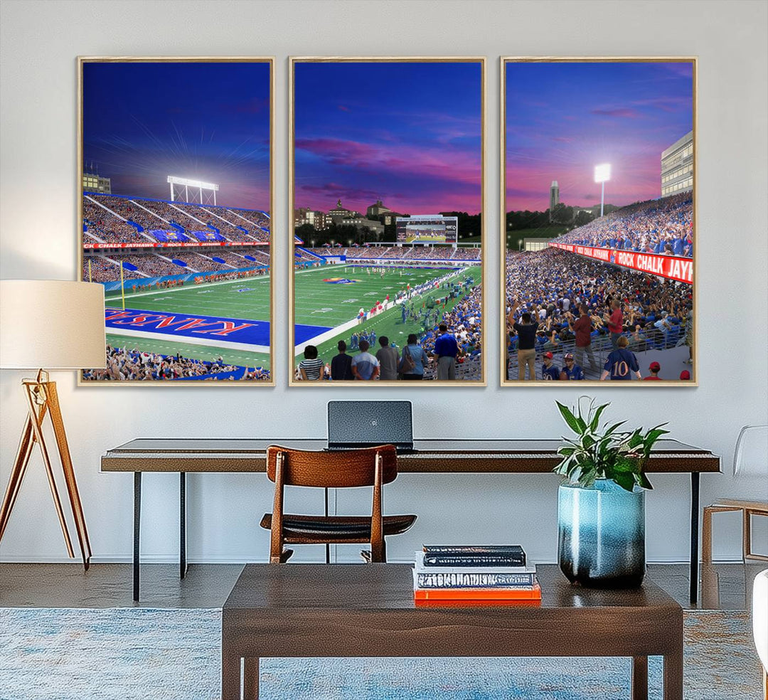 A canvas art piece depicting the Kansas Jayhawks stadium at twilight, vibrant in a modern setting.