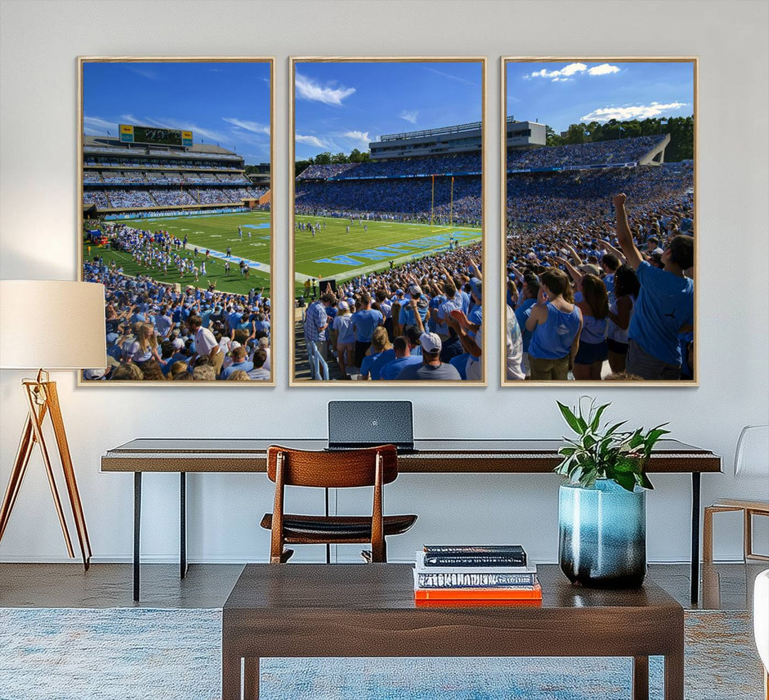 A University of North Carolina Tar Heels football stadium print on canvas.