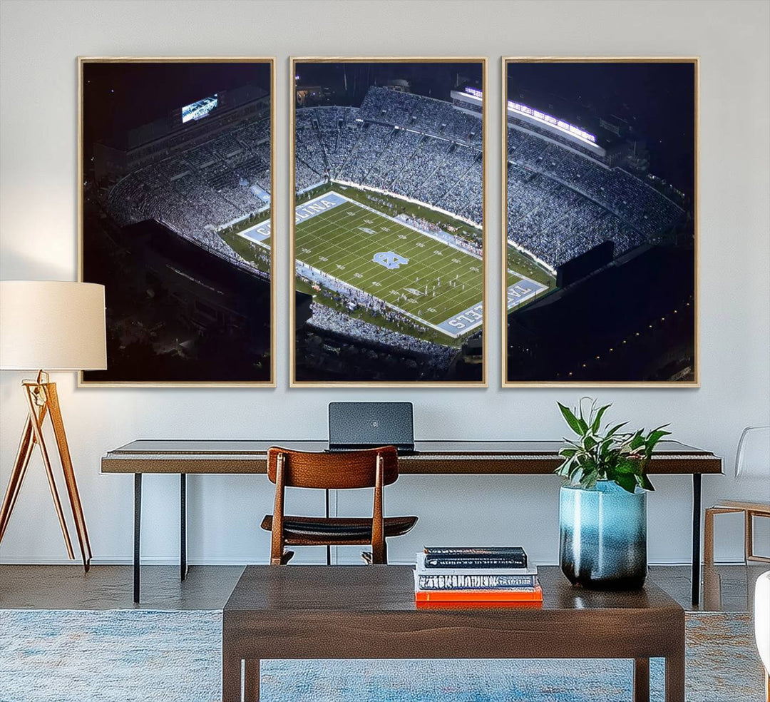 Aerial view of UNC Tar Heels night game at Kenan Memorial Stadium, perfect wall art canvas for fans.