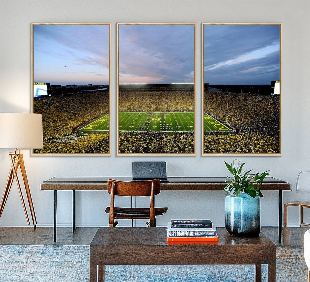 Gallery-quality canvas print of Michigan Stadium at sunset.