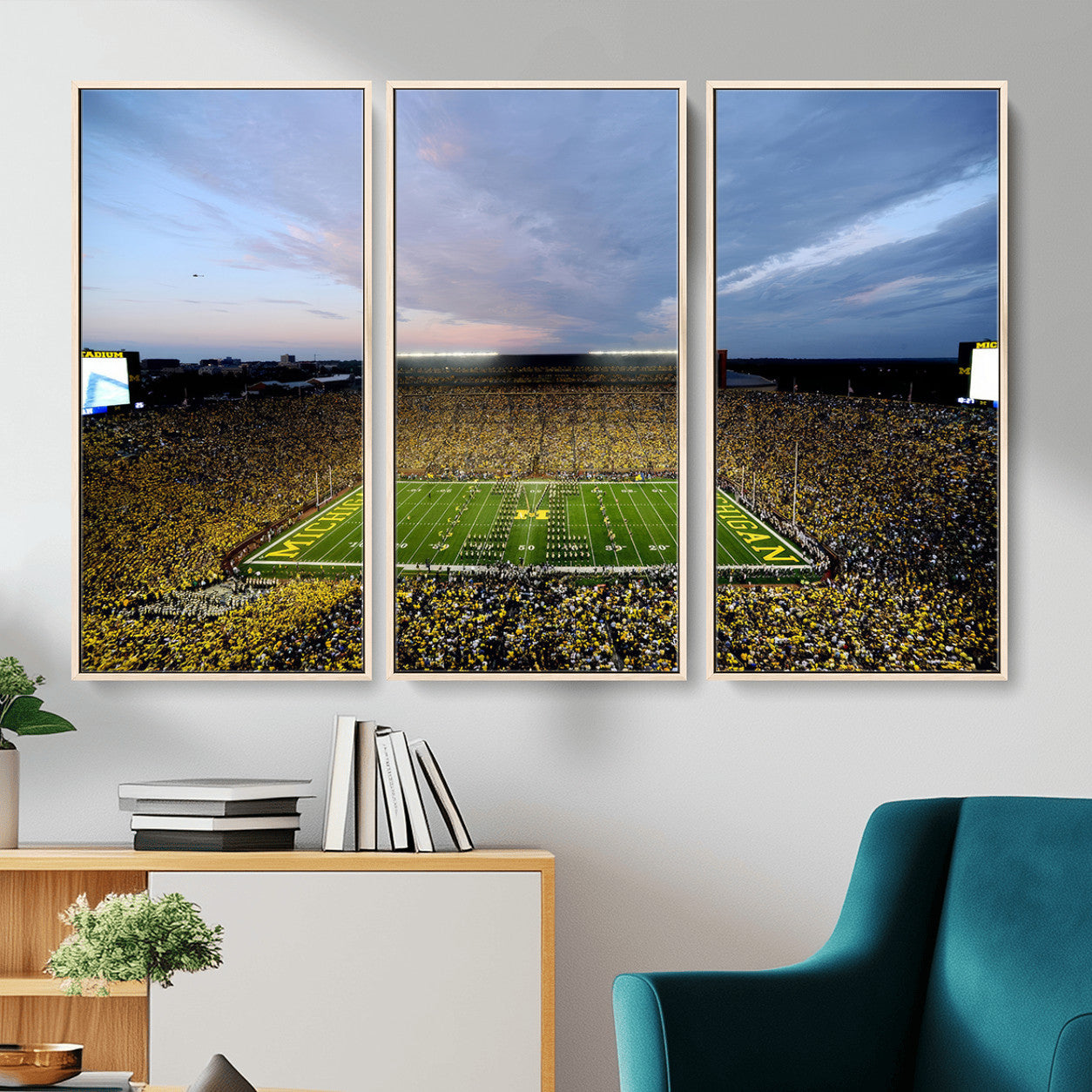82641-MGV-FC-48X32-3P - Michigan Stadium Wall Art Canvas Print, Vibrant Game Day Crowd and Sunset Sky Football Field Artwork for Home, Office