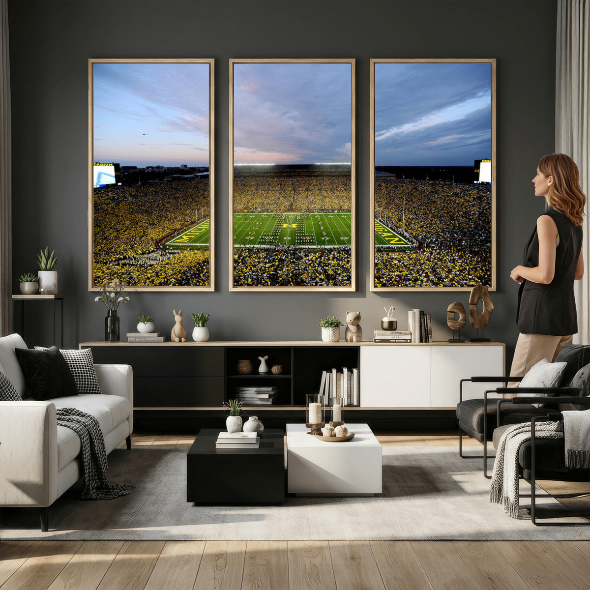 82641-MGV-CV-36X24 - Michigan Stadium Wall Art Canvas Print – Framed Football Field Scene with Marching Band Artwork for Home, Office