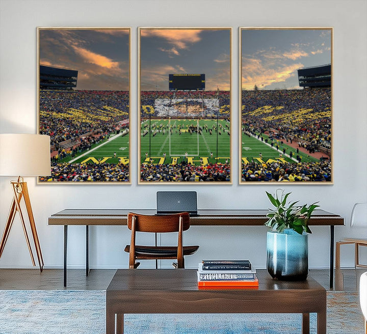 A giant image resembling Michigan Wolverines Wall Art depicts a football field beneath a dramatic sky.