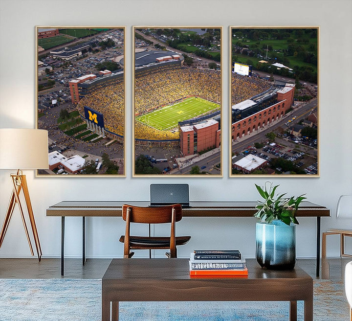 Canvas print featuring an aerial view of Ann Arbor Michigan Stadium filled with Wolverines fans.