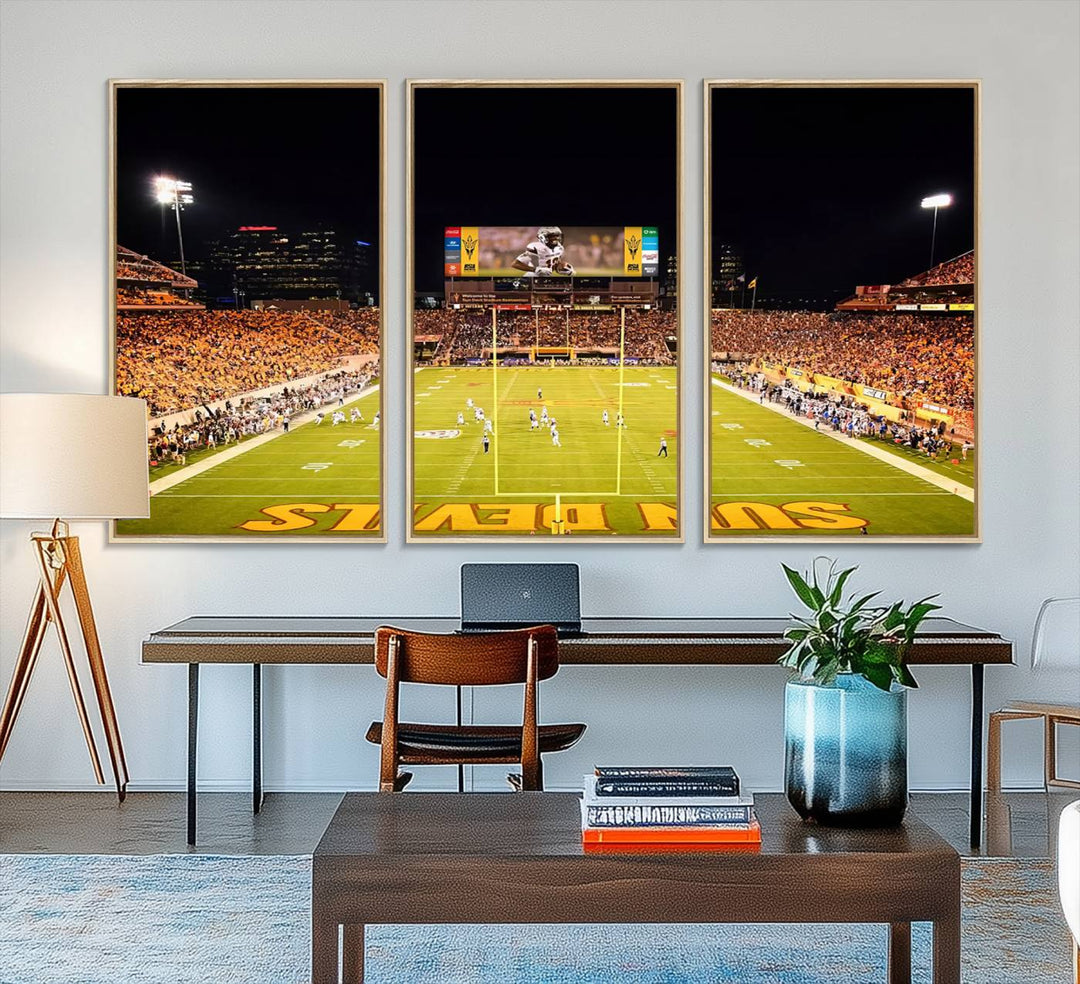 ASU Sun Devils Football Team Print - Wall Art Canvas featuring the Sun Devils end zone at Phoenix Mountain America Stadium.