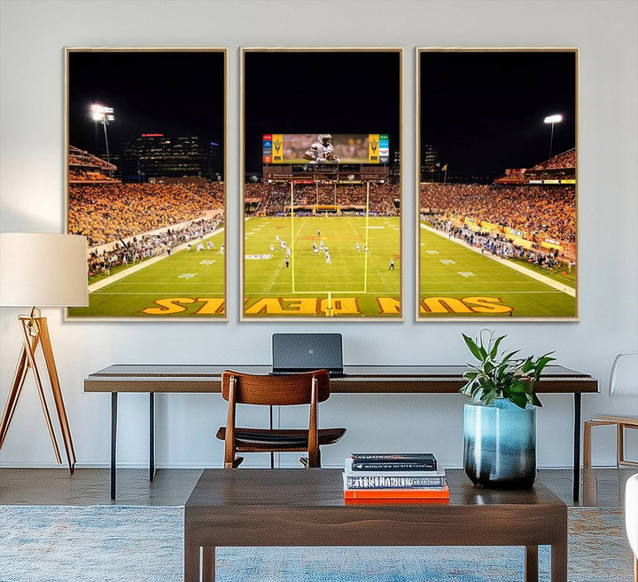 ASU Sun Devils Football Team Print - Wall Art Canvas featuring the Sun Devils end zone at Phoenix Mountain America Stadium.