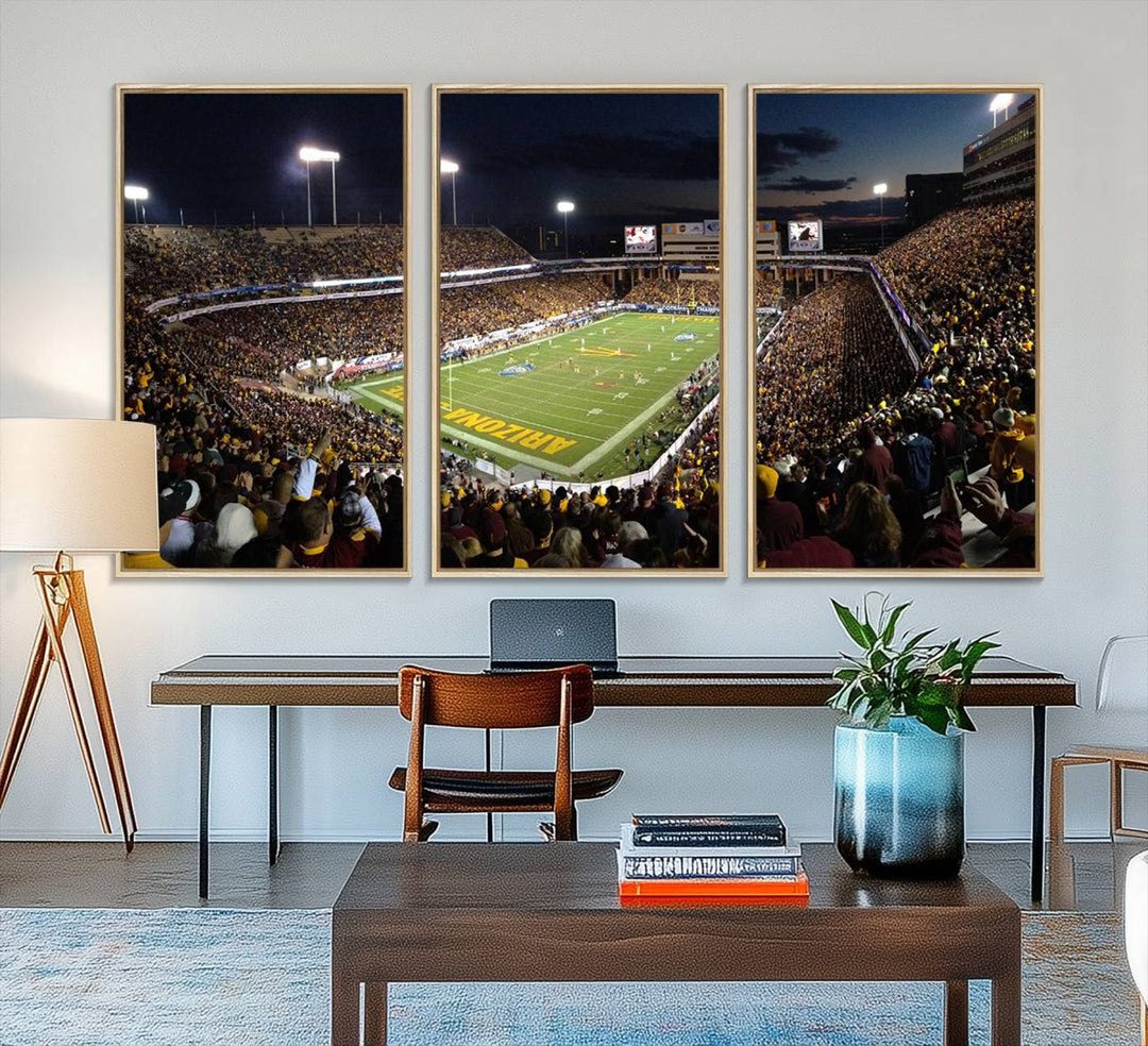 A room featuring an ASU Sun Devils Football Team Print, capturing fans at Phoenix Mountain America Stadium at dusk.