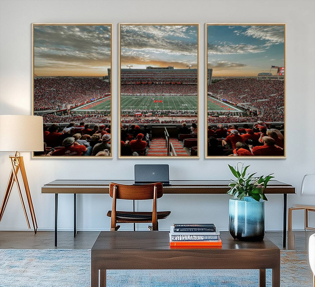 This stunning canvas wall art print features a packed Lincoln Memorial Stadium with the University of Nebraska Cornhuskers at sunset.