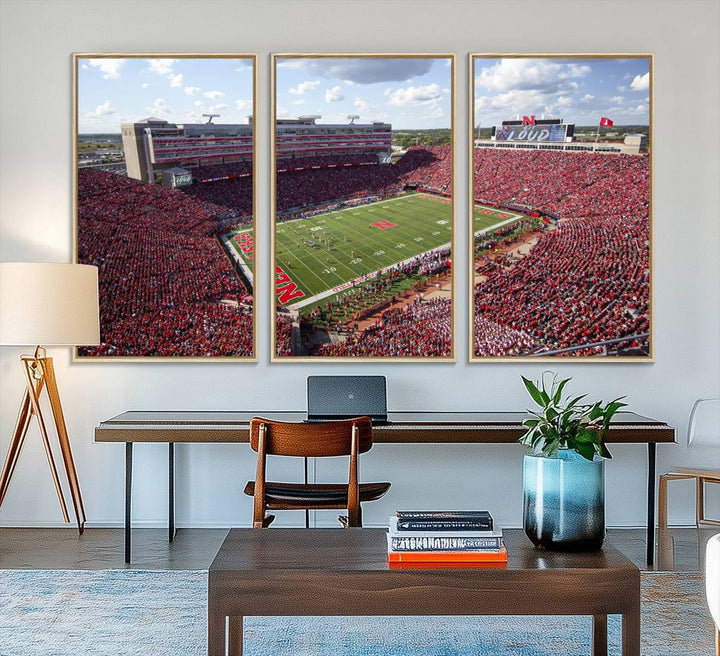 Wall art canvas print depicting a wide-angle view of Lincoln Memorial Stadium during a University of Nebraska game.