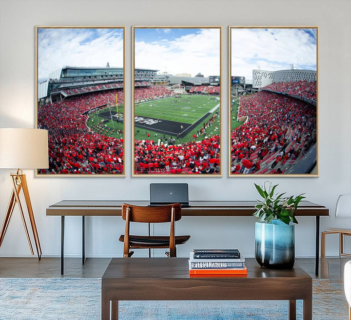 The wall showcases a Nippert Stadium canvas print of the Cincinnati Bearcats.