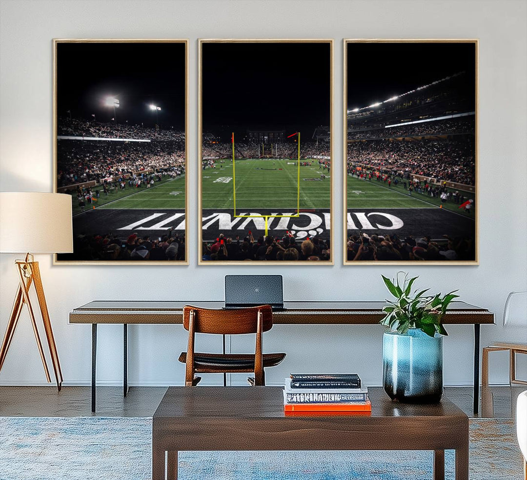 Interior view featuring a Cincinnati Bearcats football canvas of Nippert Stadium.